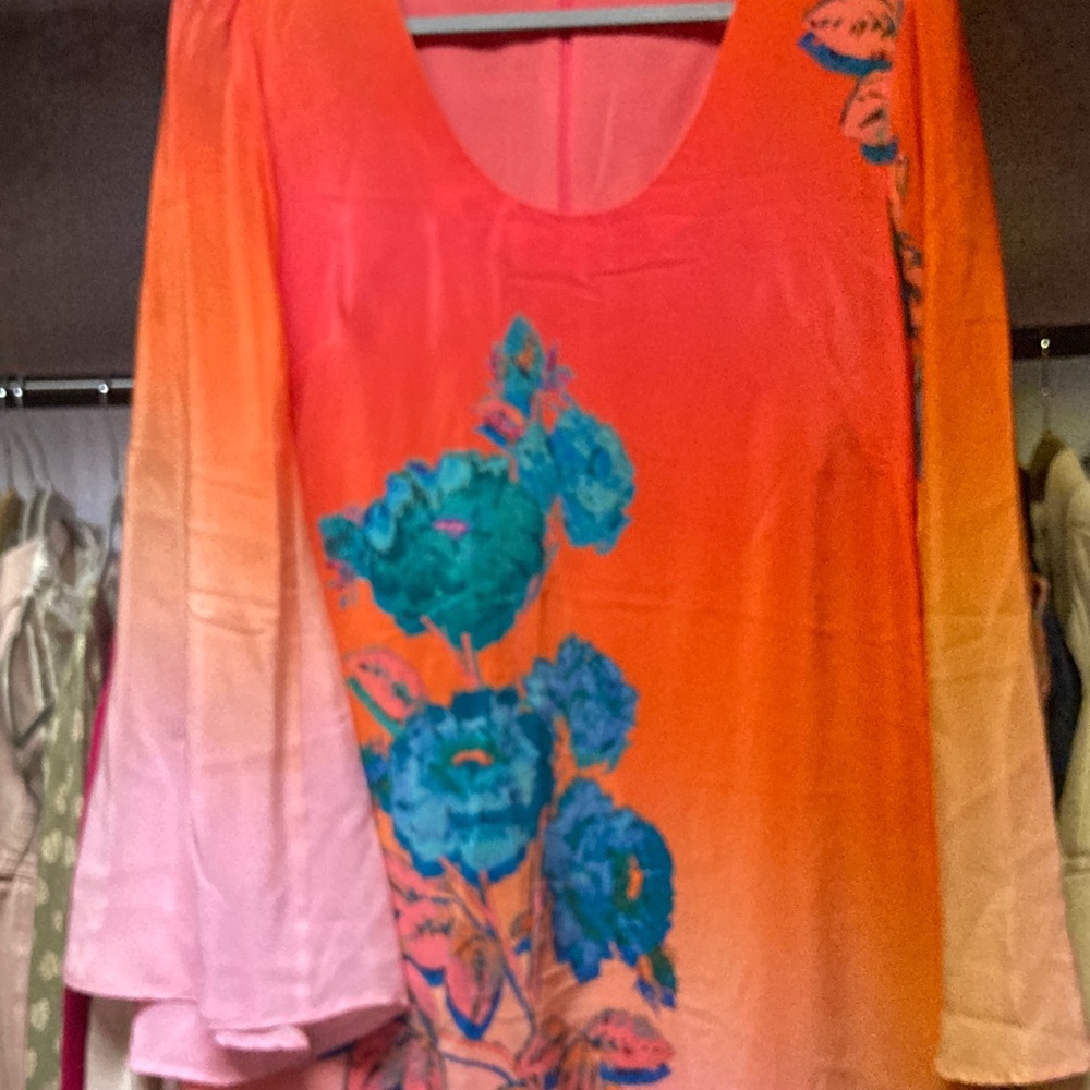 Nanette Lepore Orange Pink Floral Long Sleeve Silk Dress *MISSING NECKTIE - Picture 3 of 10